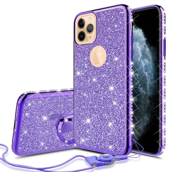 Compatible for Apple iPhone 11 Pro (5.8 inch)Case, SOGA Glitter Diamond Rhinestone TPU Phone Cover with Ring Stand and Lanyard Girls Women Cover (Purple)