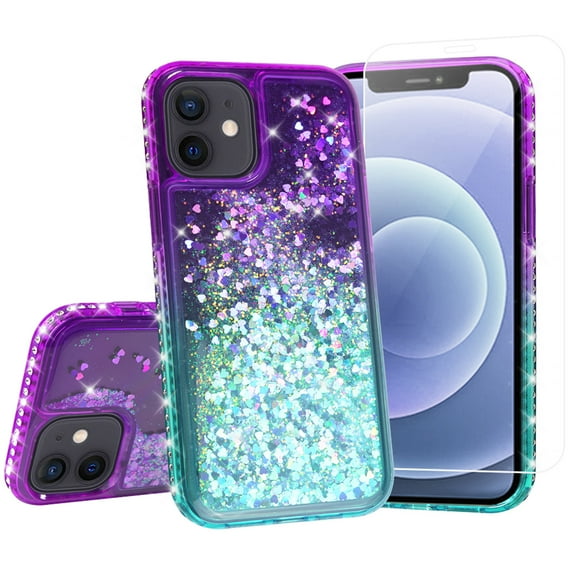 Compatible for Apple iPhone 12 Mini Case, with Tempered Glass Screen Protector SOGA Diamond Liquid Quicksand Cover Cute Girl Women Phone Case - Teal/Purple