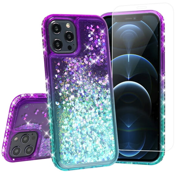 Compatible for Apple iPhone 12 Pro Max Case, with Tempered Glass Screen Protector SOGA Diamond Liquid Quicksand Cover Cute Girl Women Phone Case - Teal/Purple