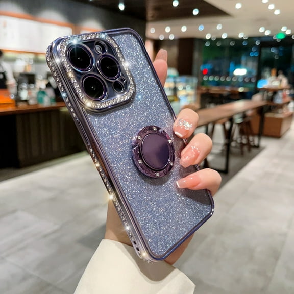 Compatible with Apple iPhone 12 Pro Max Case for Women Girls, with Bling Diamond Design & Ring Kickstand Holder Soft TPU Shockproof Case with Glitter Paper for iPhone 12 Pro Max 6.7 inch - Purple