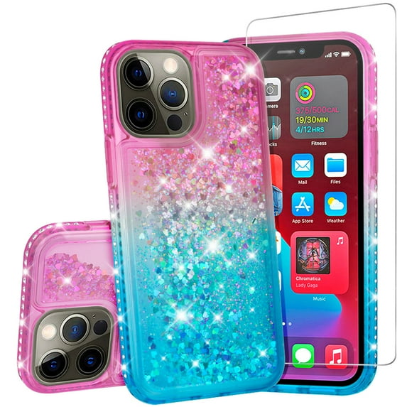 Compatible for Apple iPhone 13 Pro Max Case, with Tempered Glass Screen Protector SOGA Diamond Liquid Quicksand Cover Cute Girl Women Phone Case - Pink / Teal