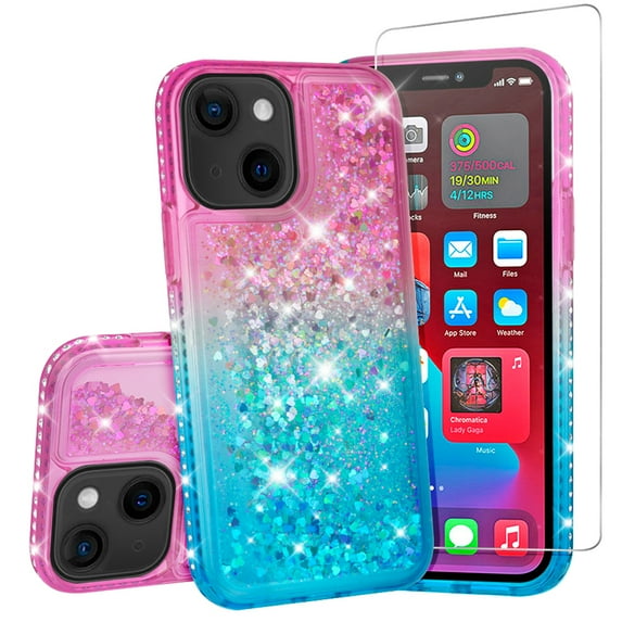 Compatible for Apple iPhone 13 mini Case, with Tempered Glass Screen Protector SOGA Diamond Liquid Quicksand Cover Cute Girl Women Phone Case - Pink / Blue