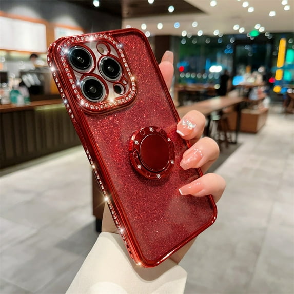 Compatible with Apple iPhone 14 Pro Case for Women Girls, with Bling Diamond Design & Ring Kickstand Holder Soft TPU Shockproof Case with Glitter Paper for iPhone 14 Pro 6.1 inch - Red
