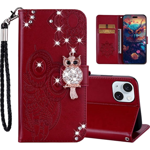 Compatible with Apple iPhone 15 Flip Glitter Wallet Case for Women, Pu Leather with Card Slots Crystal Diamond Owl Embossing Shockproof Cover Case for iPhone 15 MTY-Red