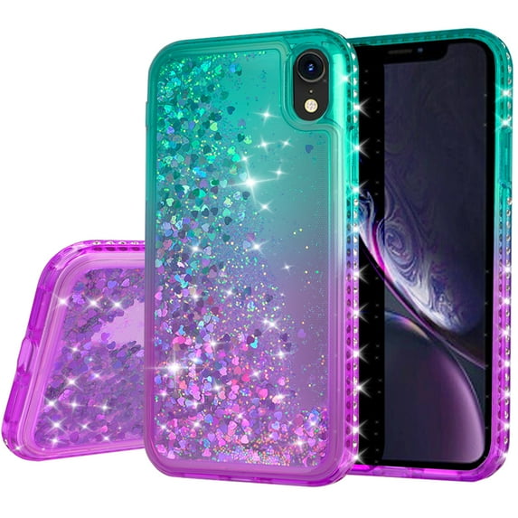Compatible for Apple iPhone XR Case, with Tempered Glass Screen Protector SOGA Diamond Liquid Quicksand Cover Cute Girl Women Phone Case - Teal / Purple