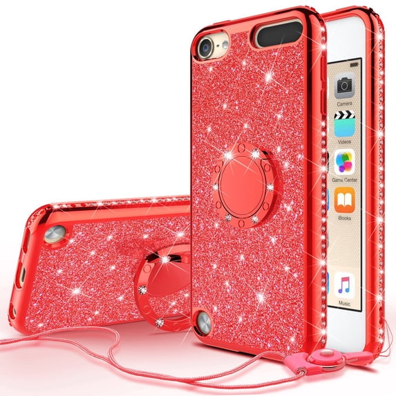 Compatible for Apple iPod Touch 6 Case, iPod Touch 5 Case, SOGA Cute Girl/Women Rhinestone Bumper Sparkling Glitter Bling Diamond Phone Cover with Magnetic Ring Stand - Red