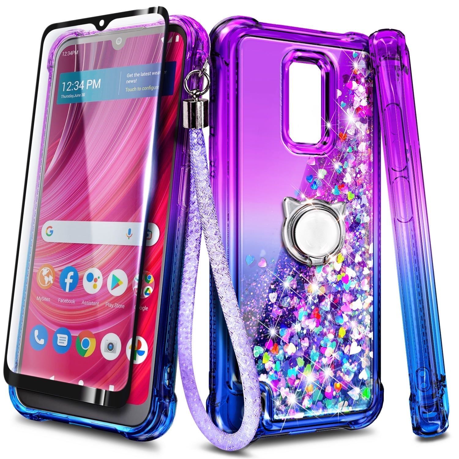 Compatible with BLU View 4 Case (B135DL) / View 2 (2023, 6.09 inch) Case with Tempered Glass Screen Protector, Ring Holder/Wrist Strap, Nagebee Glitter Liquid Floating Cute Phone Cover (Purple/Blue)