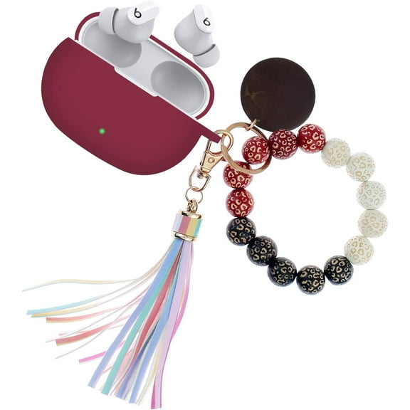 Compatible with Beats Studio Buds 2021 Silicone Case Cover with Keychain for Women Cute Leopard Pattern Wood Bracelets Colorful Tassel Keychain Red Carrying Case for Beats Studio Buds
