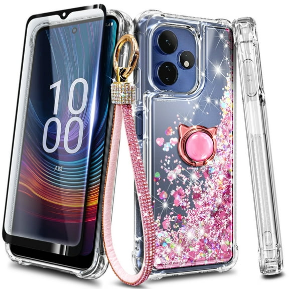 Compatible with Boost Mobile Celero 5G+ (Plus) 2024 Case with Tempered Glass Screen Protector, Ring Holder/Wrist Strap, Nagebee Glitter Liquid Floating Waterfall Cute Phone Cover (Rose Gold)