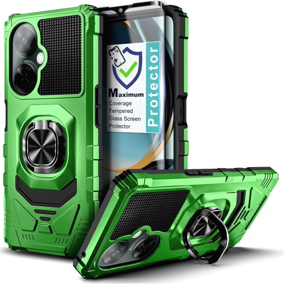 Compatible for Boost Mobile Celero5G+ (2024) Phone Case with Tempered Glass Screen Protector, Nagebee Full-Body Protective [Military-Grade] Magnetic Car Mount Ring Holder Durable Cover (Green)