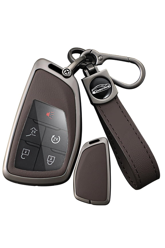 Compatible with Buick Envision Avenir 2024, Fit for Chevy Tahoe, Suburban, Fit for GMC Yukon, Denali, Silverado Metal & Leather 3/4/5/6 Button Key Fob Cover - Keyless with Leather Keychain