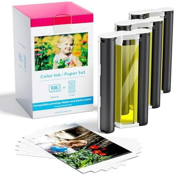 Compatible for Canon Selphy CP1300 CP1500 Ink and Paper Set for Canon Selphy CP1200 CP1000 CP910 CP900 CP810 CP760 CP770 Photo Printers,KP-108IN 3 Color Ink and 108 Sheets 4x6 Photo Paper Glossy