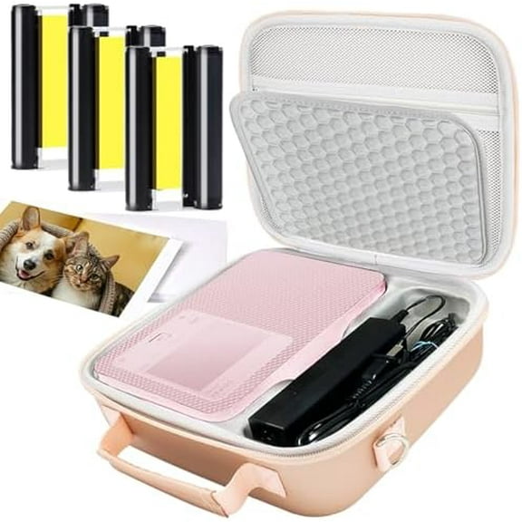 Compatible for Canon Selphy CP1500 CP1300 CP1200 Ink & Paper & Hard case, KP-108IN KP108 3 Ink Cartridges and 108 Sheets 4x6 Photo Paper and Rose Gold Case for Selphy CP1500 CP1300 CP1200