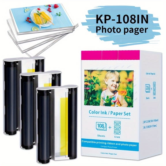 Compatible for Canon Selphy CP1500 CP1300 Ink and Paper for Canon Photo Paper 4x6 Inch Color Ink and Paper Set(3 Ink + 108 Sheets Glossy KP-108in Photo Paper)for Selphy CP1200 CP1000 CP910 CP900 CP81