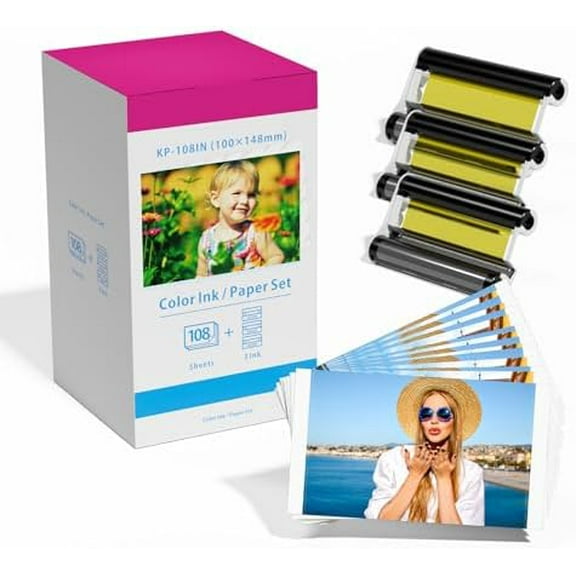 Compatible Canon Selphy CP1500 Ink and Paper For Selphy CP1300 CP1200 CP1000 CP910, KP-108IN KP108 3 Color Ink Cartridges and 108 Photo Paper Sheets (4'' x 6'' Glossy) for CP Photo Printers$$Office