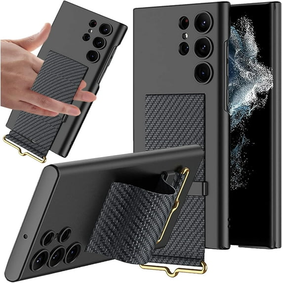 Compatible Carbon Fiber Wristband Case for Samsung Galaxy S23 Case Kickstand Men,Shockproof Slim Bumper Cover Case for Samsung S23 5G Phone Case with Stand,Samsung S23 Strap Phone Case Women