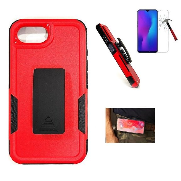 Compatible Case for Apple iPhone 16e/ iPhone SE4 2025 , Dual Layer Shockproof 360-Degree Rotating Belt Clip Case Cover with Kickstand + Tempered Glass (Red)