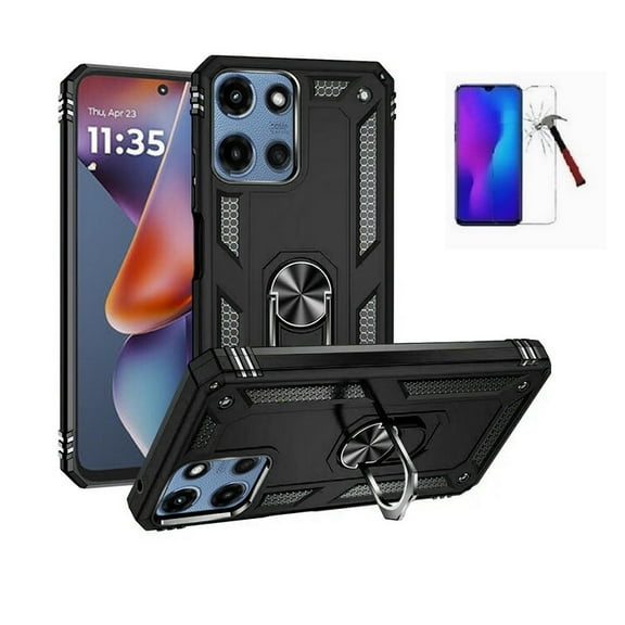 Compatible Case for Motorola Moto G 5G (2025), Black Ring Kickstand Hybrid Case Cover + Tempered Glass