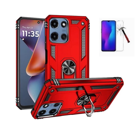 Compatible Case for Motorola moto g power (2025), Red Ring Kickstand Hybrid Case Cover + Tempered Glass