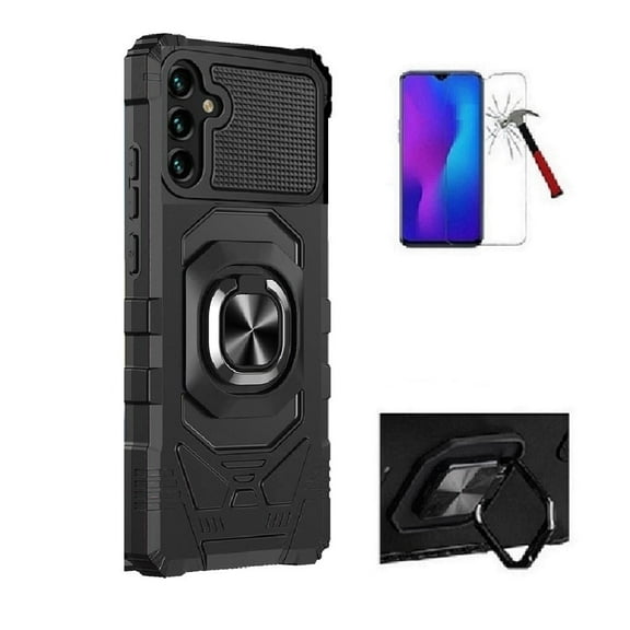 Compatible Case for Straight Talk Samsung Galaxy A26 5G/ Samsung Galaxy A26 5G, Ring Kickstand Hybrid Case Cover + Tempered Glass (Black)