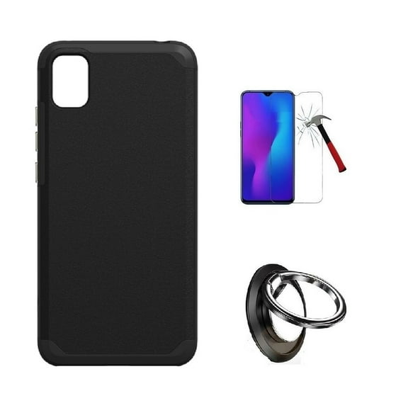 Compatible Case for Straight Talk TCL 30 Z/TracFone TCL 30Z, Hybrid Hard Cover Case + Ring/ Tempered Glass (Black)