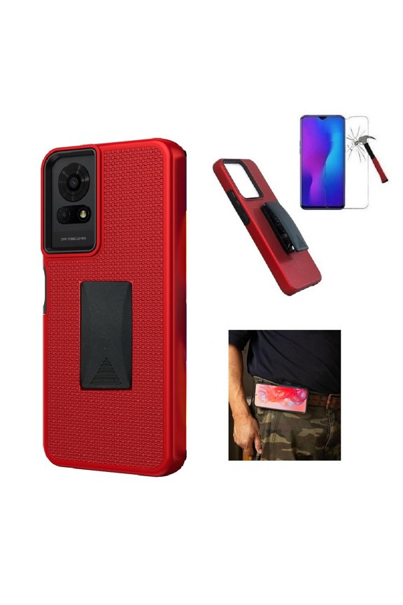 Compatible Case for TCL 50LE/ TCL K24/ TCL K23 Case, Red Shock Absorbent 360-Degree Rotating Belt Clip Kickstand Case Cover  + Tempered Glass