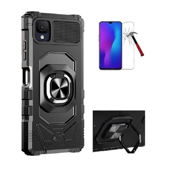 Compatible Case for TCL A3 / TCL ION Z, Ring Stand Hybrid Case Cover + Tempered Glass (Black)