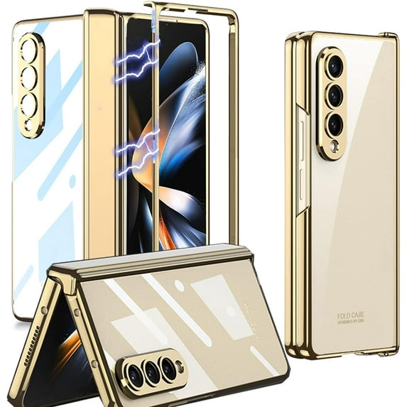 Compatible Champagne Gold Samsung Galaxy Z Fold 4 Clear Case Hinge Protection Electroplating PC Magnet Crystal Case for Samsung Z Fold 4 Case,Samsung Z Fold 4 5g Case Galaxy Fold 4 5g Phone Case