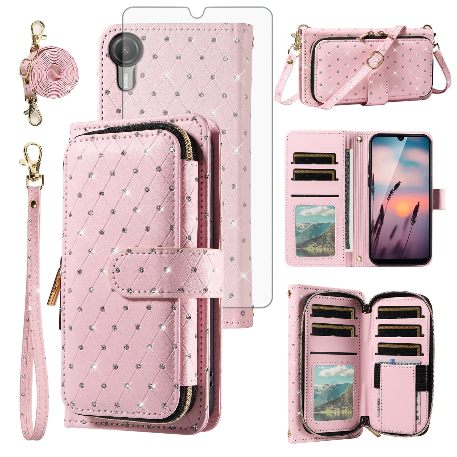 Compatible with Cricket Debut S2 U380AC/AT&T Calypso 4 U380AA Wallet Phone Case Tempered Glass Screen Protector Bling Crossbody Lanyard Strap Flip Zipper Purse Card Holder Cell Cover for Women Pink