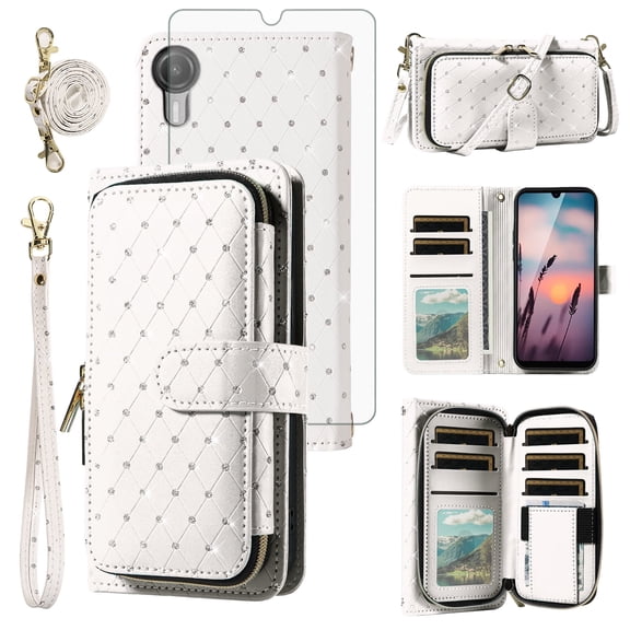 Compatible with Cricket Debut S2 U380AC/AT&T Calypso 4 U380AA Wallet Phone Case Tempered Glass Screen Protector Bling Crossbody Lanyard Strap Flip Zipper Purse Card Holder Cell Cover for Women White
