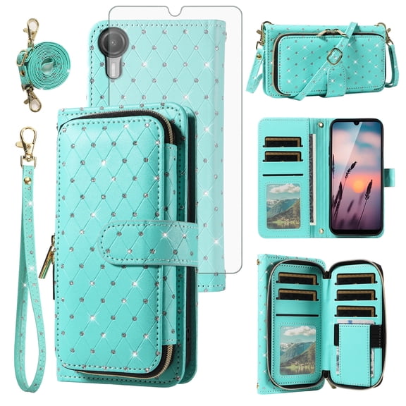 Compatible with Cricket Debut S2 U380AC/AT&T Calypso 4 U380AA Wallet Phone Case Tempered Glass Screen Protector Bling Crossbody Lanyard Strap Flip Zipper Purse Card Holder Cell Cover for Women Green