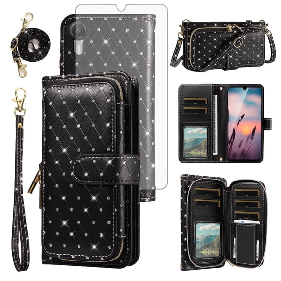 Compatible with Cricket Debut S2 U380AC/AT&T Calypso 4 U380AA Wallet Phone Case Tempered Glass Screen Protector Bling Crossbody Lanyard Strap Flip Zipper Purse Card Holder Cell Cover for Women Black