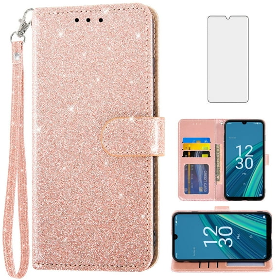 Compatible with Cricket Debut S2 U380AC/AT&T Calypso 4 U380AA Wallet Phone Case and Tempered Glass Screen Protector Flip Credit Card Holder Stand Bling Glitter Cell Cover for DebutS2 Calypso4 Pink