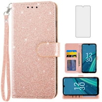 Compatible with Cricket Debut S2 U380AC/AT&T Calypso 4 U380AA Wallet Phone Case and Tempered Glass Screen Protector Flip Credit Card Holder Stand Bling Glitter Cell Cover for DebutS2 Calypso4 Pink