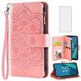 thumbnail image 1 of Compatible with Cricket Debut S2 U380AC/AT&T Calypso 4 U380AA Wallet Phone Case and Tempered Glass Screen Protector Flower Faux Leather Flip Credit Card Holder Stand Zipper Cell Cover Women Pink, 1 of 8