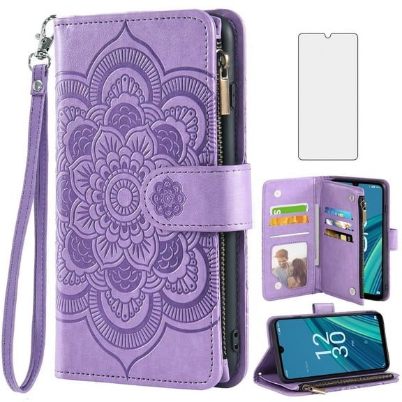 Compatible with Cricket Debut S2 U380AC/AT&T Calypso 4 U380AA Wallet Phone Case and Tempered Glass Screen Protector Flower Faux Leather Flip Credit Card Holder Stand Zipper Cell Cover Women Purple