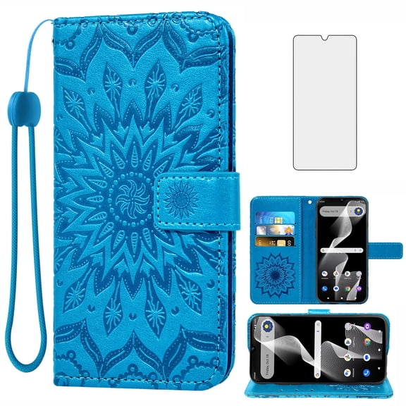 Compatible with Cricket Debut S3/AT&T Vista 2 Wallet Phone Case and Tempered Glass Screen Protector Flip Credit Card Holder Stand Mandala Flower Cell Cover for Model U572AC ATT U572AA Women Men Blue