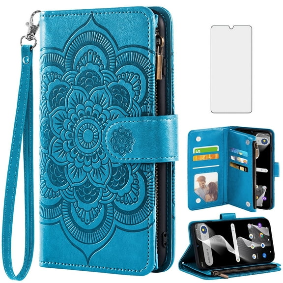 Compatible with Cricket Debut S3/AT&T Vista 2 Wallet Phone Case and Tempered Glass Screen Protector Flower Faux Leather Flip Credit Card Holder Stand Zipper Cell Cover for U572AC U572AA Women Blue