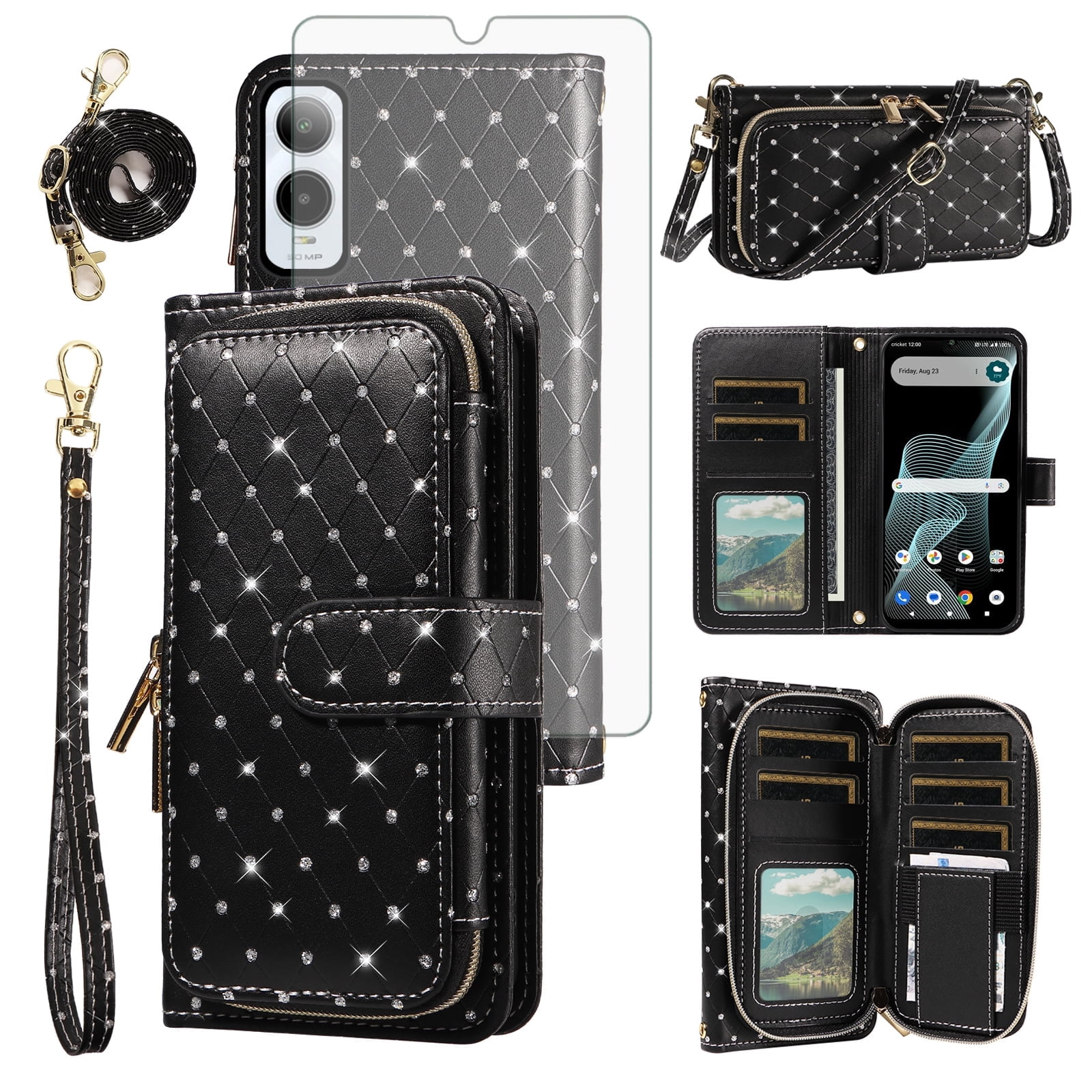 Compatible with Cricket Icon 6 SL219C/AT&T Verge SL219A Wallet Phone Case Tempered Glass Screen Protector Bling Crossbody Lanyard Strap Flip Zipper Purse Card Holder Cell Cover for Women Men Black