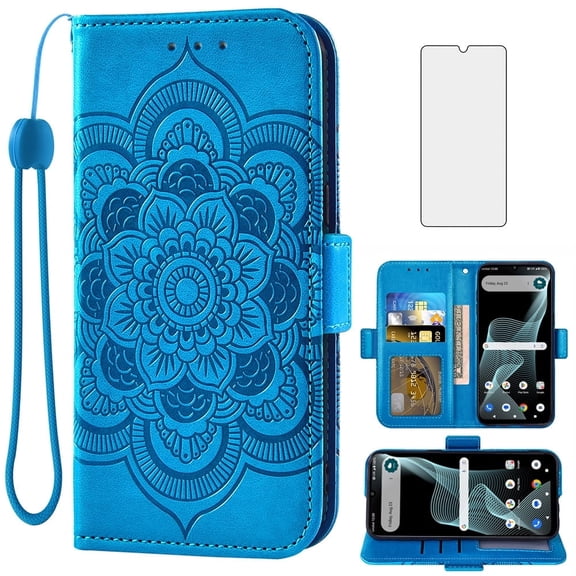 Compatible with Cricket Icon 6 SL219C/AT&T Verge SL219A Wallet Phone Case and Tempered Glass Screen Protector Flip Credit Card Holder Stand Mandala Flower Cell Cover for Icon6/ATT Women Men Blue