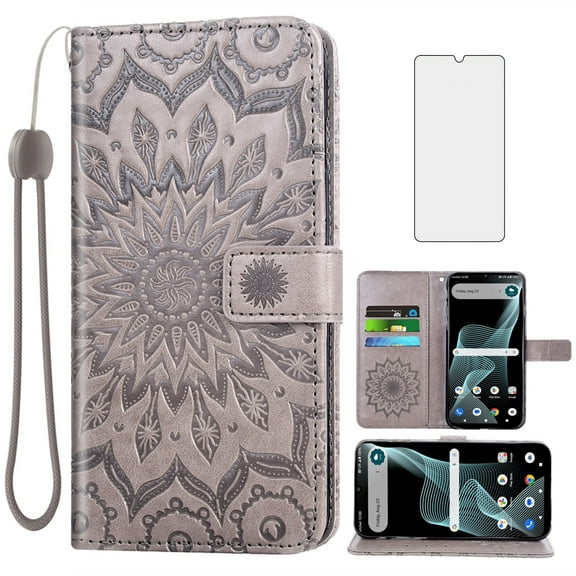Compatible with Cricket Icon 6 SL219C/AT&T Verge SL219A Wallet Phone Case and Tempered Glass Screen Protector Flip Credit Card Holder Stand Mandala Flower Cell Cover for Icon6/ATT Women Men Gray