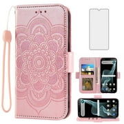 Compatible with Cricket Icon 6 SL219C/AT&T Verge SL219A Wallet Phone Case and Tempered Glass Screen Protector Flip Credit Card Holder Stand Mandala Flower Cell Cover for Icon6/ATT Women Men Pink