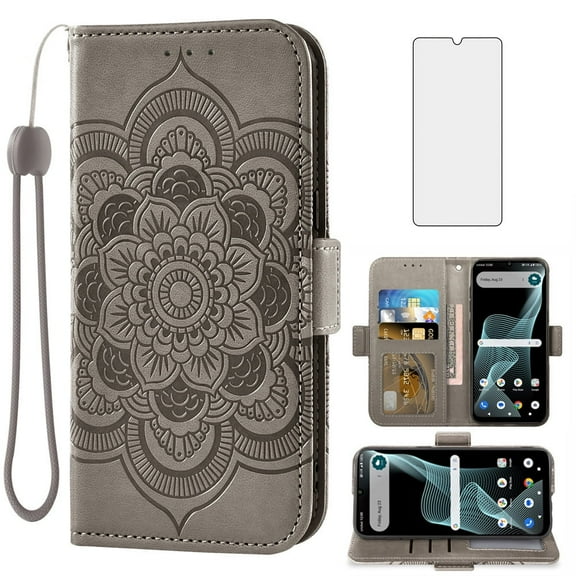 Compatible with Cricket Icon 6 SL219C/AT&T Verge SL219A Wallet Phone Case and Tempered Glass Screen Protector Flip Credit Card Holder Stand Mandala Flower Cell Cover for Icon6/ATT Women Men Gray