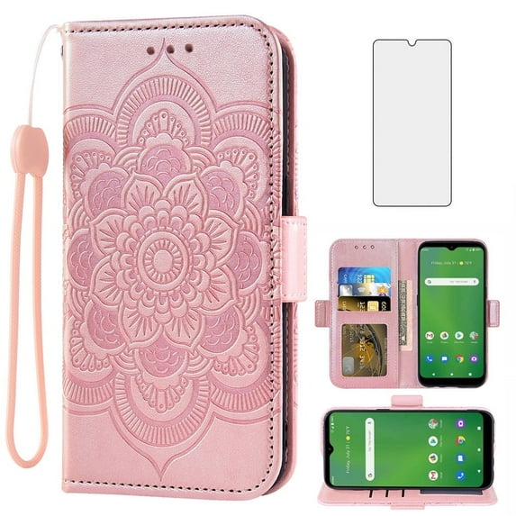 Compatible with Cricket Ovation 1 U705AC/AT&T Radiant Max 4G U705AA Wallet Phone Case and Tempered Glass Screen Protector Flip Credit Card Holder Stand Mandala Flower Cell Cover for ATT 6.5 Pink
