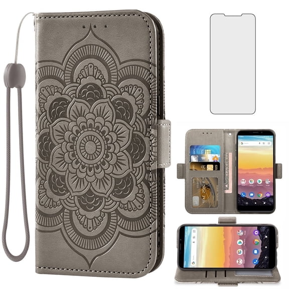 Compatible with Cricket Vision 3/Debut/AT&T Calypso 1 2 Wallet Phone Case and Tempered Glass Screen Protector Flip Credit Card Holder Stand Cell Mandala Flower Cover for Wireless U318AA U319AA Gray