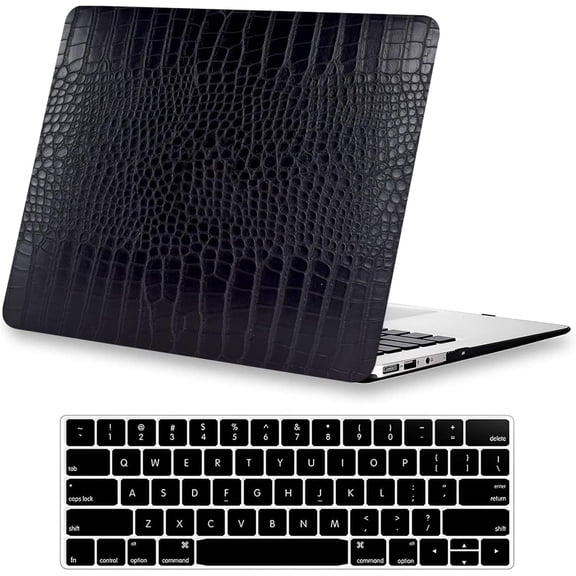 Compatible with Crocodile MacBook Pro 13 Inch Case 2025-2016 M2 M1 A2338 A2289 A2251 A2159 A1989 A1706 A1708, Textured Aligator Skin Snakeskin PU Leather Hardshell & Keyboard Cover, Black