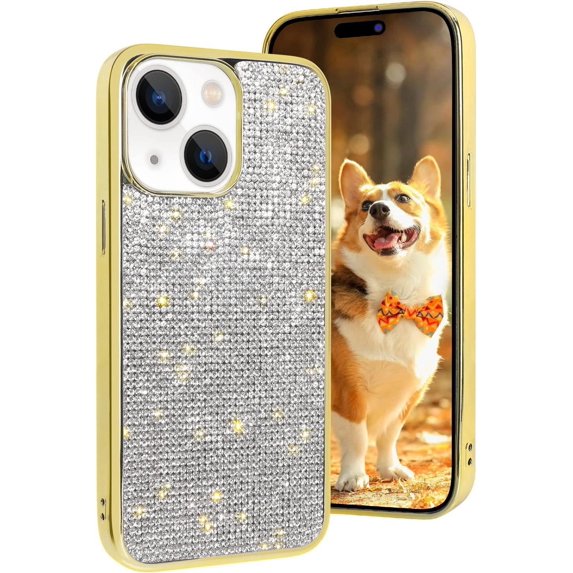 Compatible with Cute iPhone 13 Bling Diamond Case Glitter for Women 3D Rhinestone Crystal Shiny Sparkly Protective Cover with Electroplate Plating Bumper Luxury Fashion Protection Case Gold