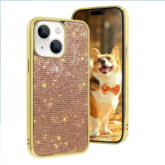 Compatible with Cute iPhone 14 Plus Bling Diamond Case Glitter for Women 3D Rhinestone Crystal Shiny Sparkly Protective Cover with Electroplate Plating Bumper Luxury Fashion Case Rose Gold
