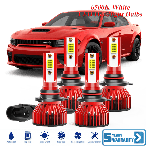Compatible with Dodge Charger R/T SXT SRT Sedan 4-Door 2016-2023 – 9005/HB3 High Low Beam Lamp Set 4 Pack - 30,000LM 6500K Cool White 600% Ultra-Bright Bulb, Plug & Play