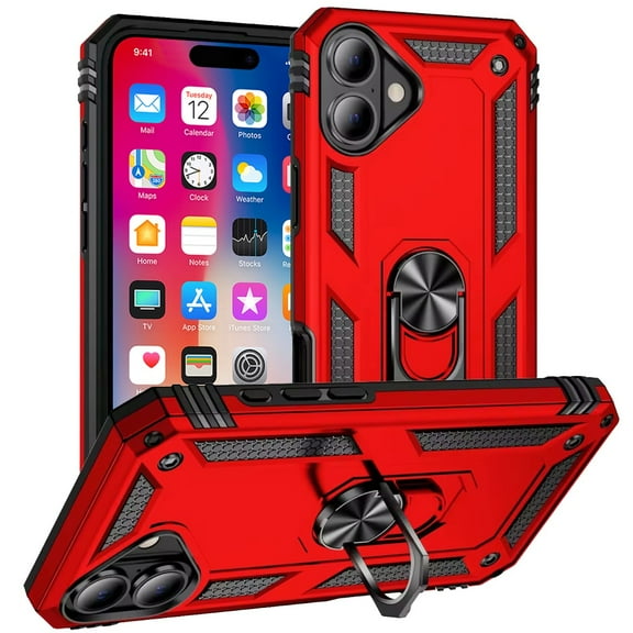 Compatible For Apple iPhone 16 6.1 inch Ring Kickstand Phone Cover Case - SHRG Red